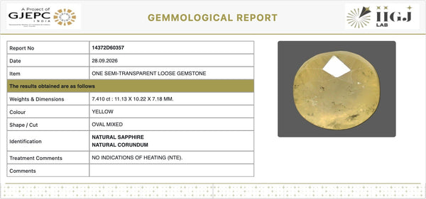 IIGJ Certificate 14372D60357 – Natural Yellow Sapphire