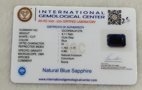 IGC certificate IGCDKBAJ41276 for Natural Blue Sapphire 8.11 Ratti