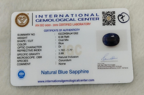 IGC certificate IGCDKBAJ41262 for Natural Blue Sapphire 6.56 Ratti