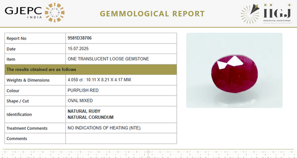Natural Purplish Red Ruby | Certified Unheated | Oval Mixed Cut Report No. 9581D38706 image 1