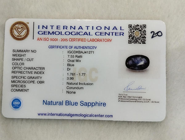 IGC certificate IGCDKBAJ41271 for Natural Blue Sapphire 7.55 Ratti