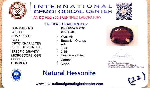 Natural Hessonite Garnet | Oval Mix | Brownish Orange Certificate No.: IGCDKBAJ42795 image 2