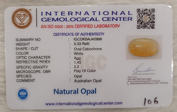 Natural White Opal 5.33 Ratti| Oval Cabochone | Certified No. IGCDKBAJ42998 image 2