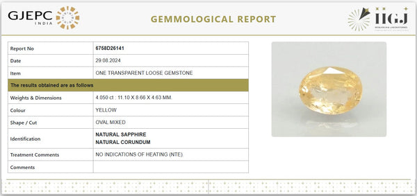 Certified Natural Yellow Sapphire (Pukhraj) – 4.05 Carat / 4.50 Ratti | Untreated | Oval Mixed Cut | GJEPC IGJ Certified | 6758D26141 image 1