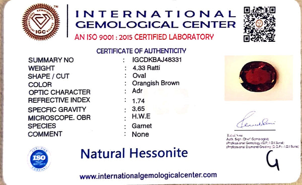 Natural Hessonite (Gomed) | Oval Cut | IGC Certified Certificate No.: IGCDKBAJ48331 image 1