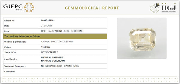 Natural Yellow Sapphire (Pukhraj) – 4.100 Carat / 4.56 Ratti – Certified Untreated | Report No. 6699D25926 image 1