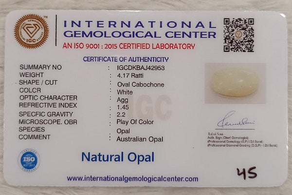 Natural White Opal 4.17 Ratti| Oval Cabochone | Certified No. IGCDKBAJ42953 image 2