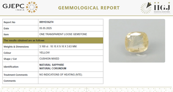 Natural Yellow Sapphire | Cushion Cut |Govt. Lab Certified |Untreated | 8891D36274 image 1