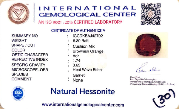 Natural Hessonite (Gomed) | Cushion Mix Cut | IGC Certified Certificate No.: IGCDKBAJ42792 image 2