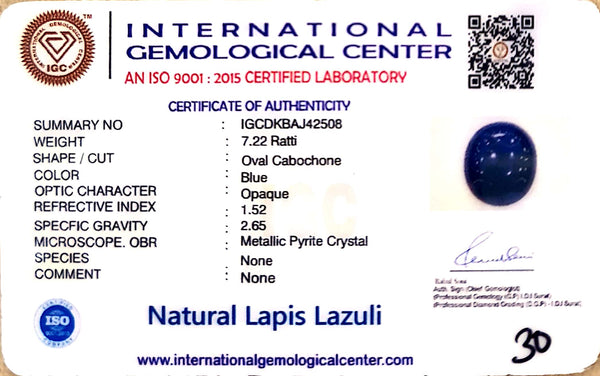 Natural Lapis Lazuli | Govt. Lab Certified | Oval Cabochon | Blue with Pyrite Certificate No.: IGCDKBAJ42508 image 2