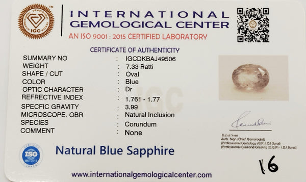 Natural Blue Sapphire | Oval Cut | IGC Certified | Deep Blue Corundum Certification: IGC (IGCDKBAJ49506) image 1