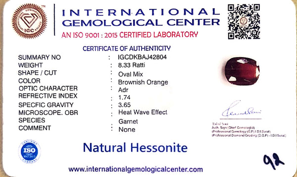 Natural Hessonite (Gomed) | Oval Mix Cut | IGC Certified Certificate No.: IGCDKBAJ42804 image 2