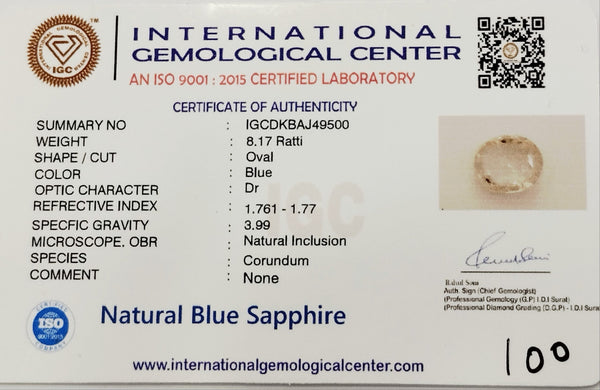 Natural Blue Sapphire | IGC Certified | Oval Cut | Deep Blue | Natural Inclusions | Premium Astrological Gemstone Certificate No.: IGCDKBAJ49500 image 2