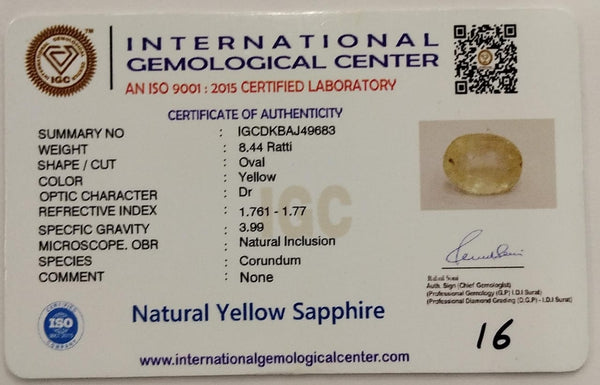 Natural Yellow Sapphire | Oval Cut | IGC Certified No.: IGCDKBAJ49683 image 2