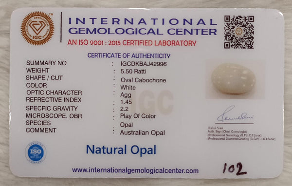 Natural White Opal 5.50Ratti| Oval Cabochone | Certified No. IGCDKBAJ42996 image 2