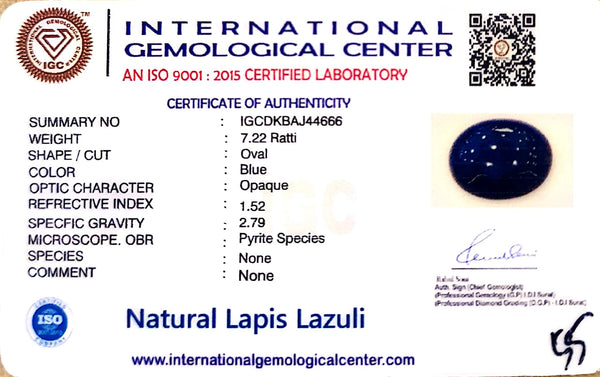 Natural Lapis Lazuli | Oval | Deep Blue with Pyrite Species | Govt. Lab Certified Certificate No.: IGCDKBAJ44666 image 2