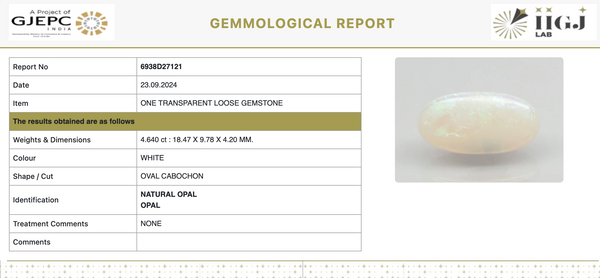 Natural Opal | KB | Oval Cabochon | IIGJ Certified No.: 6938D27121