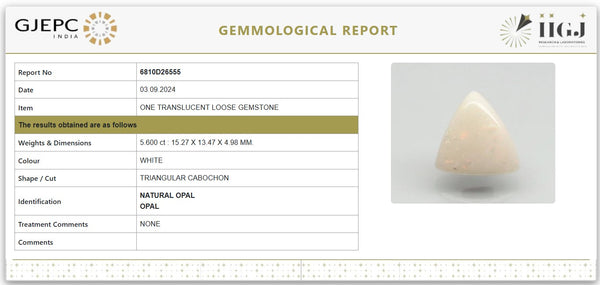 Natural White Opal 6.21 Ratti | Govt. Lab Certified | Untreated Triangular Cabochon GemstoneNo.: 6810D26555 image 1