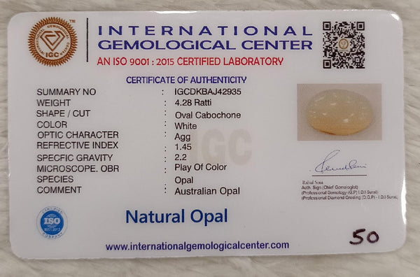 Natural White Opal 4.28 Ratti| Oval Cabochone | Certified No. IGCDKBAJ42935 image 2