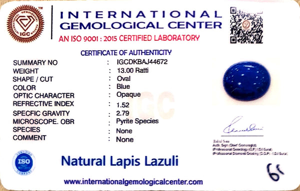 Natural Lapis Lazuli | Oval Cabochon | Deep Blue with Pyrite Species | Certified by IGC Certificate No.: IGCDKBAJ44672 image 2