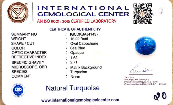 Natural Turquoise | Sea Blue | Oval Cabochon | IGC Certified | Matrix Background Certification: IGC (IGCDKBAJ41437) image 2
