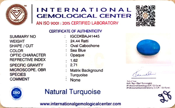 Natural Turquoise | Sea Blue | Oval Cabochon | IGC Certified | Matrix BackgroundCertification: IGC (IGCDKBAJ41445) image 1
