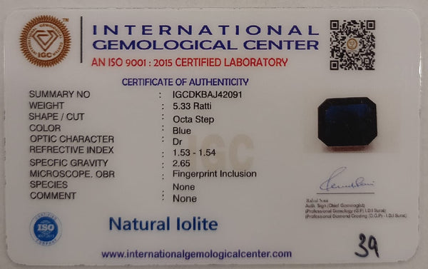 Natural Iolite| Govt. Lab Certified | Octa Step Cut|Blue withCertificate No.: IGCDKBAJ42091 image 2