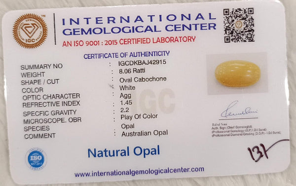 Natural White Opal 8.06Ratti| Oval Cabochone | Certified No. IGCDKBAJ42915 image 2