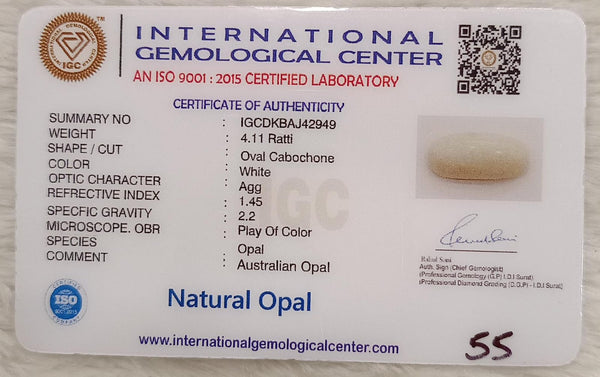 Natural White Opal 4.11 Ratti| Oval Cabochone | Certified No. IGCDKBAJ42949 image 2