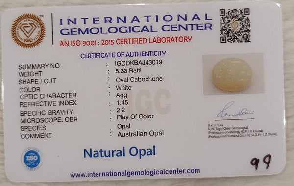 Natural White Opal 5.33 Ratti| Oval Cabochone | Certified No. IGCDKBAJ43019 image 2