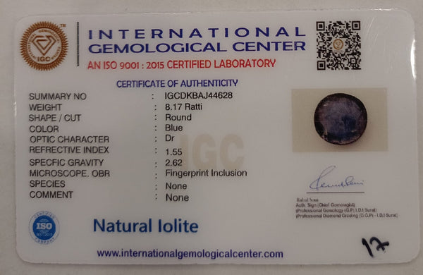 Natural Iolite| Govt. Lab Certified | Round|Blue withCertificate No.: IGCDKBAJ44628 image 2
