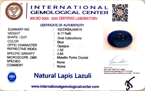 Natural Lapis Lazuli |Govt. Lab Certified | Oval Cabochon | Deep Blue with Pyrite Certificate No.: IGCDKBAJ42516 image 2