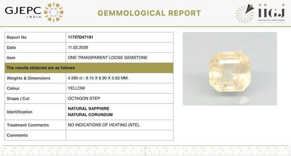 Natural Yellow Sapphire |KB 120H00| Octagon Step | Transparent | Govt. Lab Certified | Report No. 11737D47191