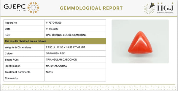 Natural Red Italian Coral | Triangular Cabochon | Govt. Lab Certified | Report No. 11737D47200