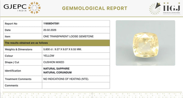 Natural Yellow Sapphire | Cushion Mixed| Transparent | Govt. Lab Certified | Report No. 11858D47591