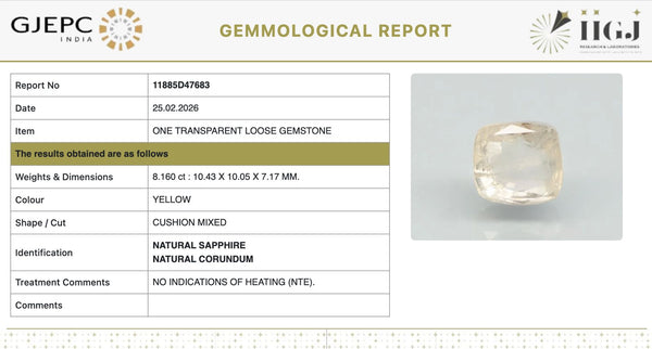 Natural Yellow Sapphire | Cushion Mixed| Transparent | Govt. Lab Certified | Report No. 11885D47683