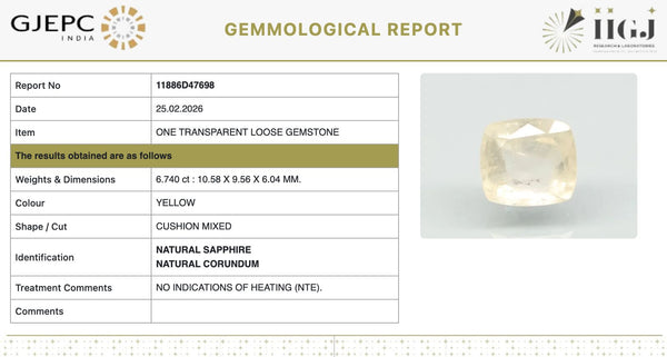 Natural Yellow Sapphire | Cushion Mixed| Transparent | Govt. Lab Certified | Report No. 11886D47698