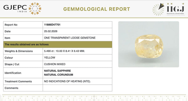 Natural Yellow Sapphire |60H00| Cushion Mixed| Transparent | Govt. Lab Certified | Report No. 11886D47701