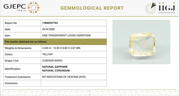 Natural Yellow Sapphire |KB 120H00| Cushion Mixed| Transparent | Govt. Lab Certified | Report No. 11886D47704