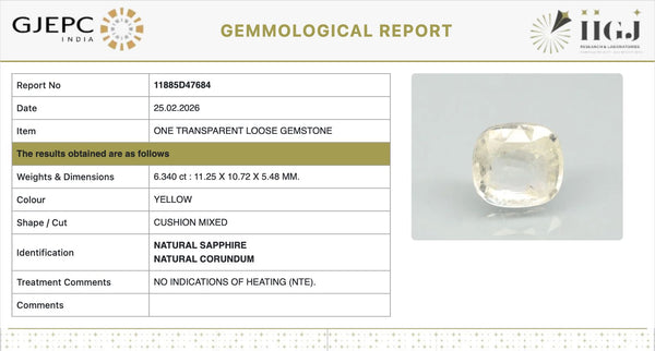 Natural Yellow Sapphire |KB 120H00| Cushion Mixed| Transparent | Govt. Lab Certified | Report No. 11885D47684