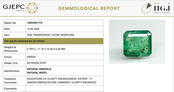 Natural Emerald | OCTAGON STEP | Govt. Lab Certified No.: 12634D51779