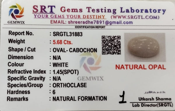 Natural White Opal|8H00| 6.31 Ratti | Cushion Cabochone | Certified No. SRGTL31883
