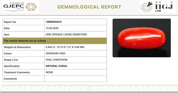 Natural Red Italian Coral |5H50| Oval Cabochon | Govt. Lab Certified | Report No. 12993D53472