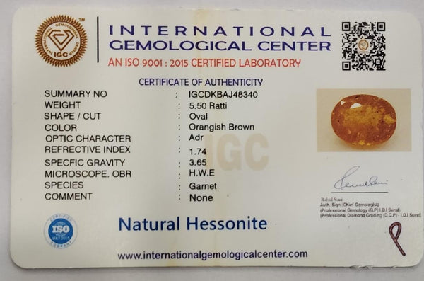 Natural Hessonite (Gomed) |8H00| Oval Mix Cut | Brownish Orange Certificate No.: IGCDKBAJ48340