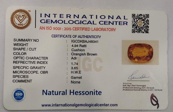 Natural Hessonite (Gomed) |8H00| Cushion | Brownish Orange Certificate No.: IGCDKBAJ48341