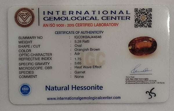 Natural Hessonite (Gomed) |12H00| Oval | Brownish Orange Certificate No.: IGCDKBAJ44646