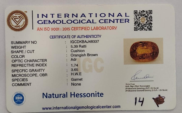Natural Hessonite (Gomed) |8H00| Cushion | Brownish Orange Certificate No.: IGCDKBAJ48337