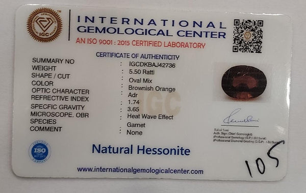 Natural Hessonite (Gomed) |12H00| Oval Mix | Brownish Orange Certificate No.: IGCDKBAJ42736