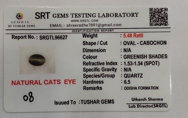 Natural Cat's Eye (Lehsunia) | 2H00 | Oval Cabochon | IGC Certified | Report No. SRGTL96627