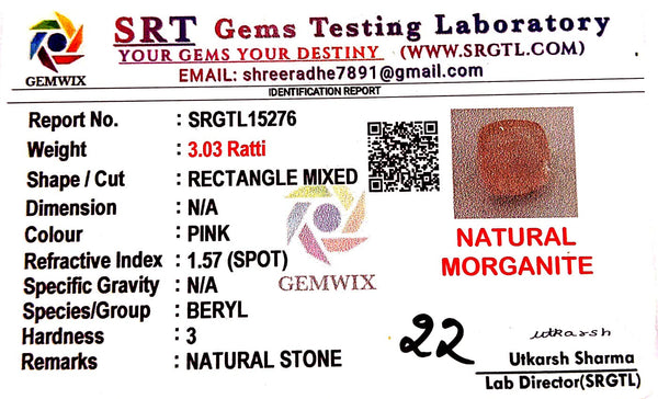 Natural Pink Morganite | Rectangle Mixed| Lab Certified No. SRGTL15276